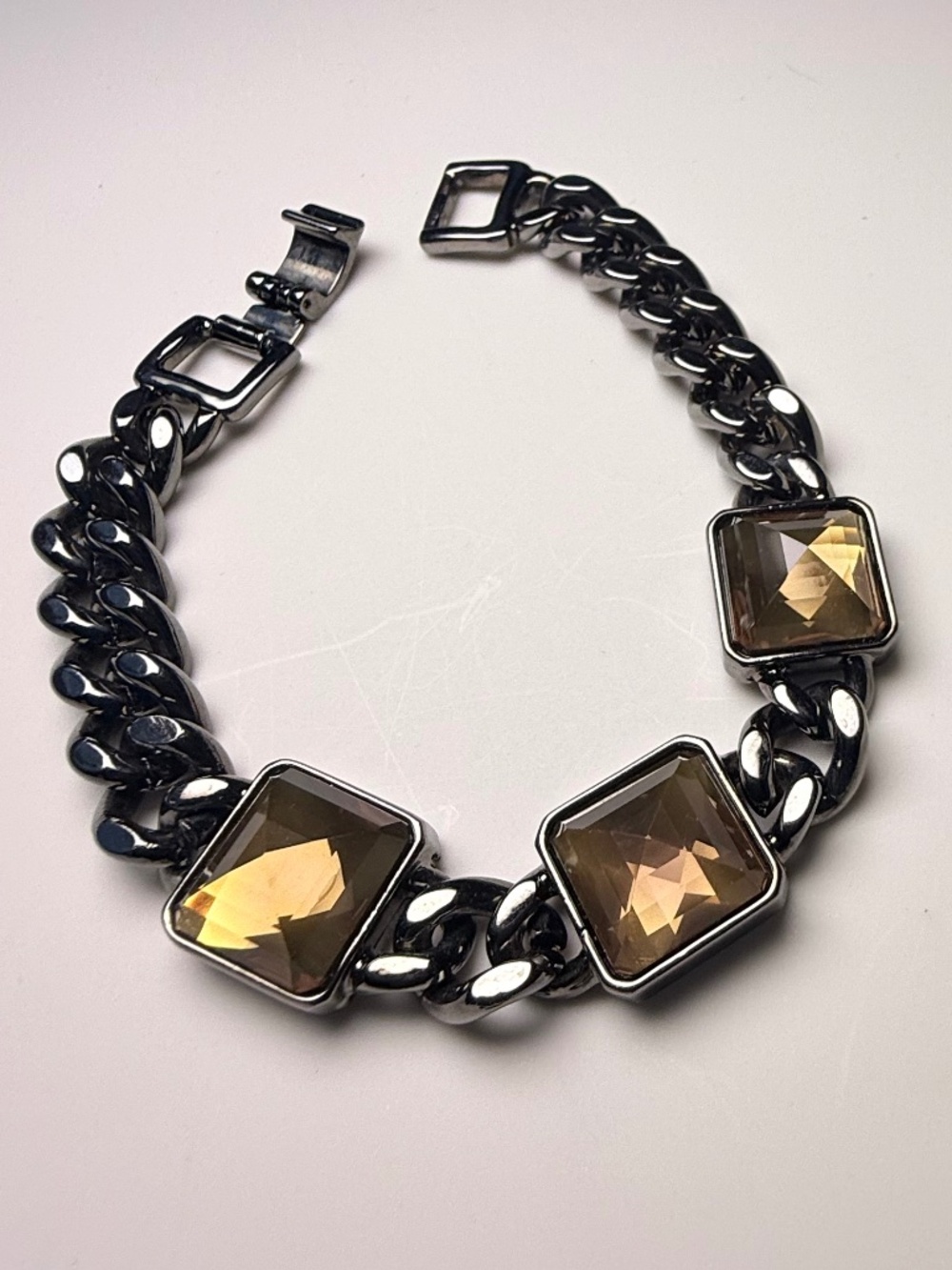 Givenchy Gun Metal Brown Square Rhinstones Chain Bracelet